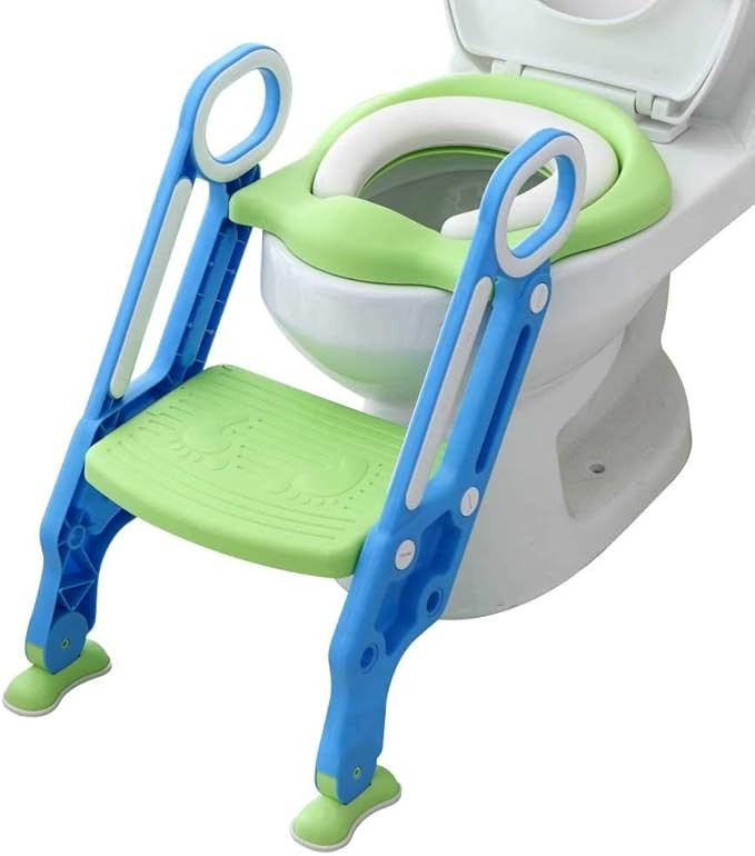 Potty Training Toilet Seat with Step Stool Ladder for Boys and Girls Baby Toddler Kid Children Toilet Training Seat Chair with Handles Padded Seat Non-Slip Wide Step (Blue Green)