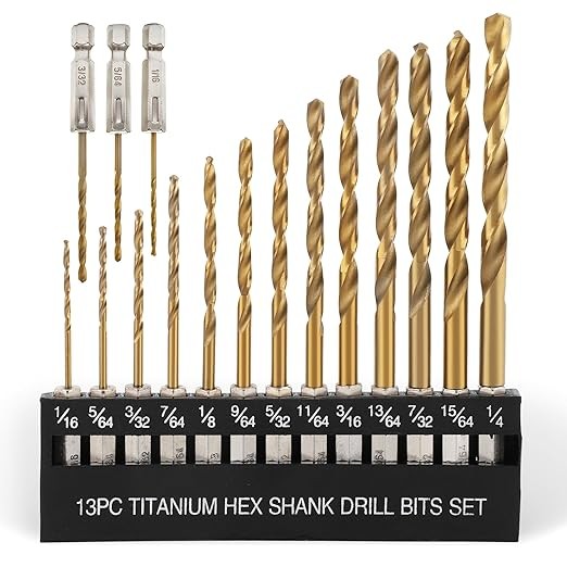 COMOWARE Titanium Twist Drill Bit Set - 16 Pcs Hex Shank High Speed Steel for Wood Plastic Aluminum Alloy, Quick Change, 1/16"-1/4"