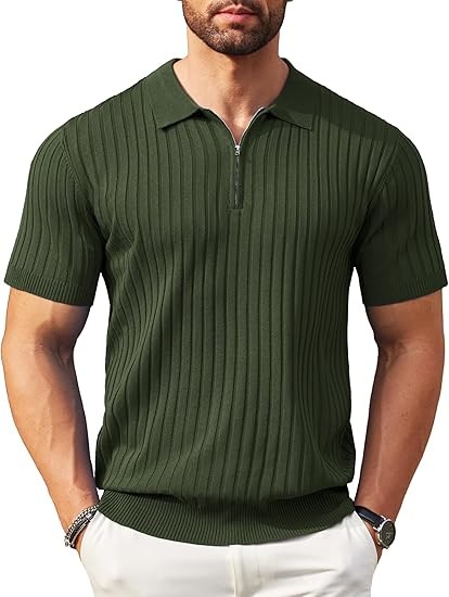 COOFANDY Men's Zipper Polo Shirts Short Sleeve Ribbed Knit Polo T Shirts Fashion Casual Golf Shirts