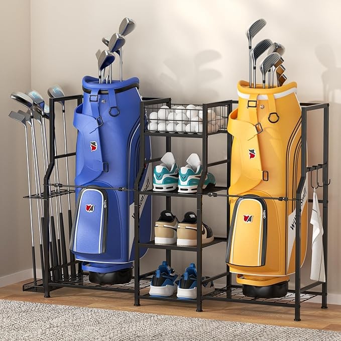 samstar Golf Storage Garage Organizer, Golf Bag Storage Stand 2 Golf Bags and Equipment Accessories, Storage Rack for Home, Garage, Golf Clubs