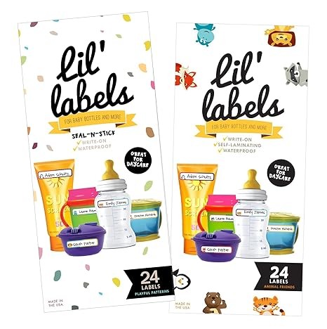 Bottle Labels, Write-On, Self-Laminating, Waterproof Kids Name Labels for Baby Bottles, Sippy Cup for Daycare School, Dishwasher Safe (Variety Pack, Set of 2)