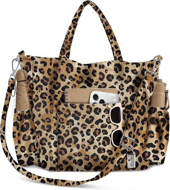 Crossbody Corduroy Tote Bag for Women, Large Tote Bag with Multi-Pockets and Zipper for Travel Work