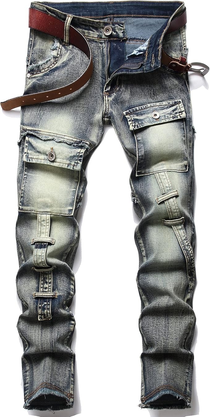 XIMXIMMTIAN Men's Biker Moto Washed Distressed Slim Fit Straight Jeans Denim