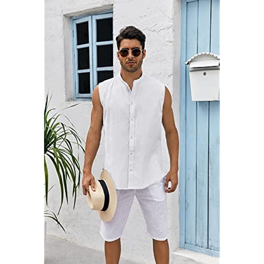 F lying men's sleeveless button shirt linen cotton summer beach basic vest T-shirt top