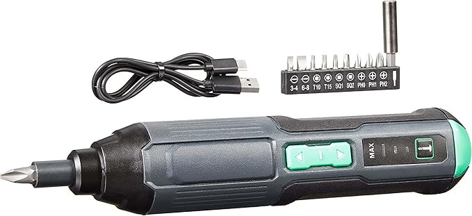 Amazon Basics by SKIL 4V Cordless Stick Screwdriver with 10-Piece Bit Set, USB Cable, LED Light, 3 Torque Settings