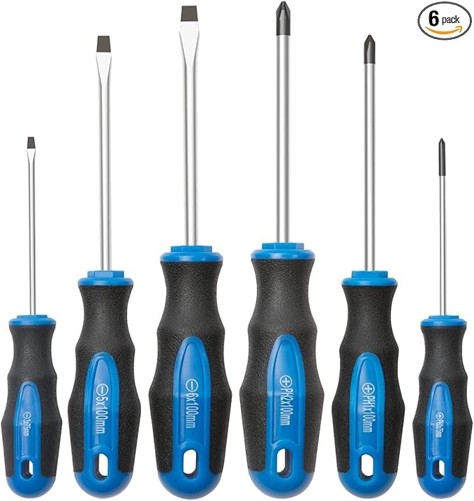 ROTATION 6PCS Magnetic Tip Screwdriver Set, 3 Phillips and 3 Flat, Professional Cushion Grip | 6-Piece Hand Tools Set