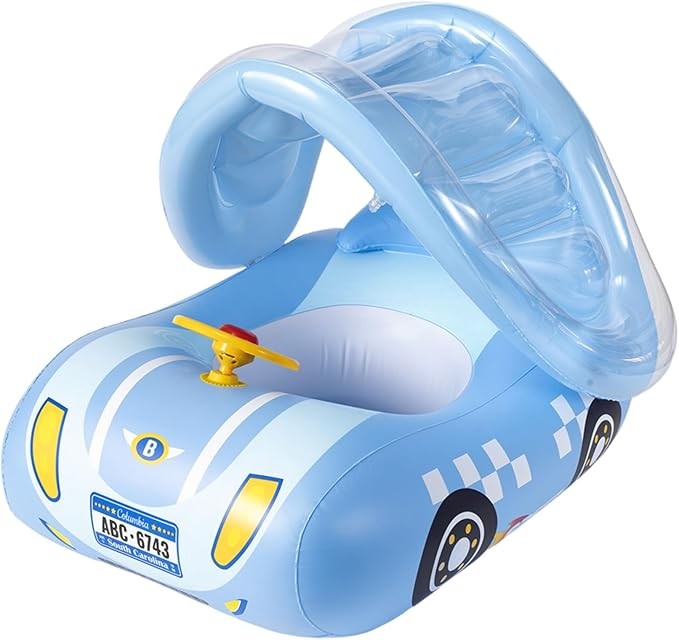 Baby Float with Canopy, Inflatable Car Shape Toddler Pool Float, Baby Pool with Canopy, Inflatable Kids Floats