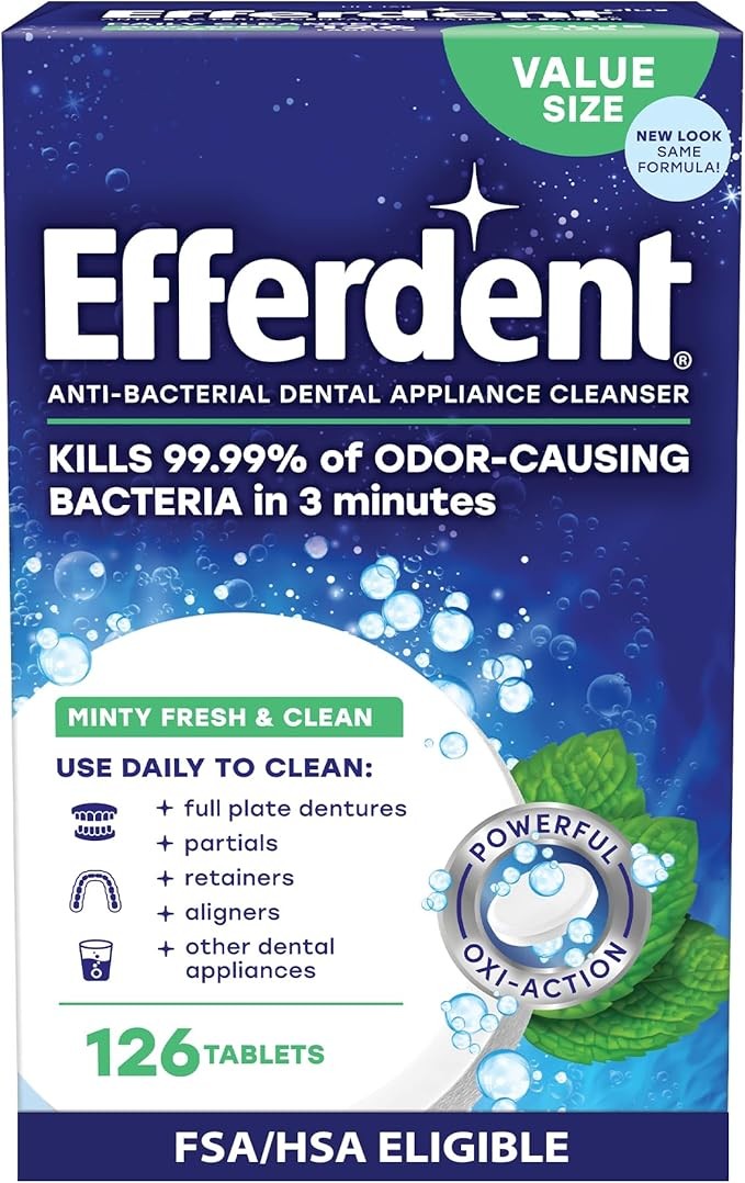 Efferdent Denture Cleaner Tablets – Dental Appliances, Aligners, Mouth Guard, and Retainer Cleaner Tablets, Minty Fresh & Clean, 126 Count