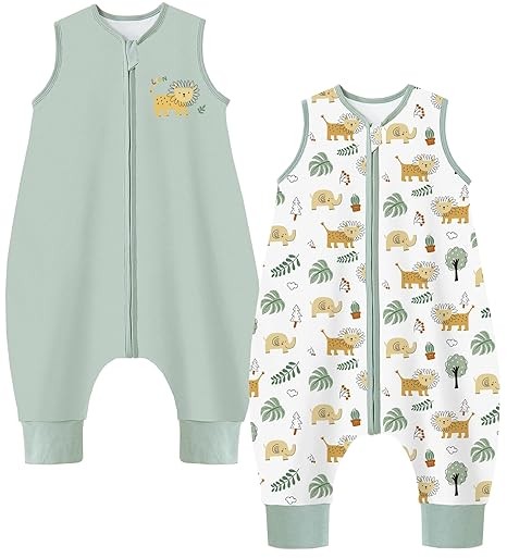 Chilsuessy Baby Sleep Sack with Feet 1.0 TOG, 100% Organic Cotton Wearable Blanket 2 Pack Newborn Infant Sleeping Bag with 2-Way Zipper, 2-3 T, Green & Lion