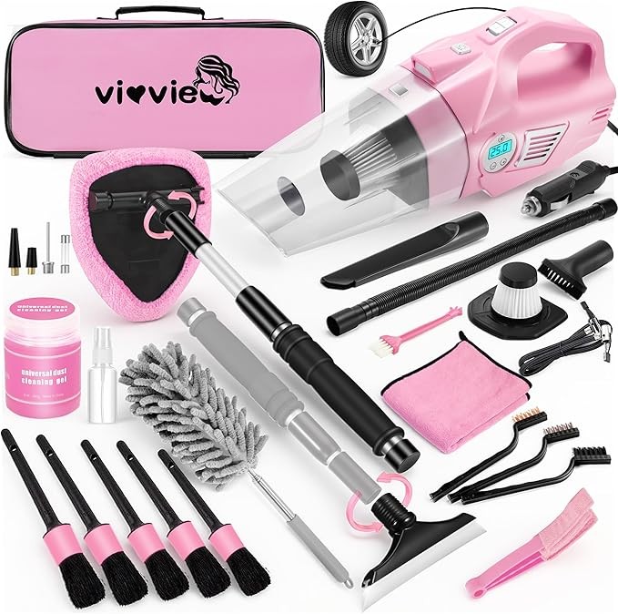 Pink Car Cleaning Kit, 25Pcs Detailing Kit Interior with 4-in-1 Power Handheld Vacuum Cleaner, Detailing Brush Set, 2-in-1 Windshield Cleaner Tool, Car Accessories for Cleaning, Gift for Women