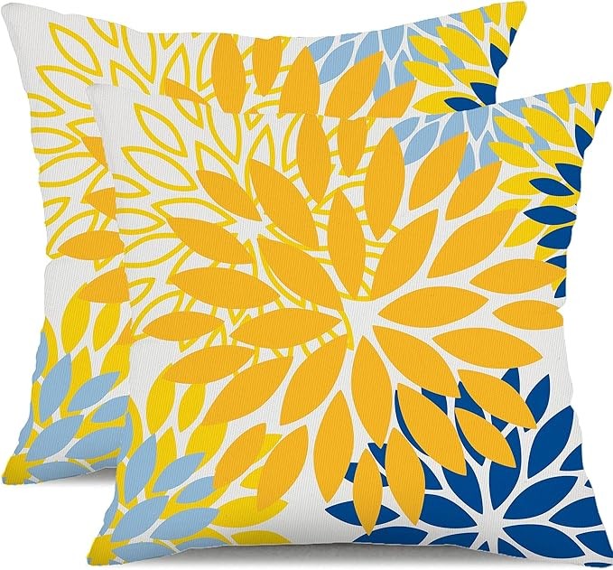 DFXSZ Yellow Blue Flower Pillow Covers 18x18 Inch Set of 2 White Gray Colored Throw Pillows Outdoor Waterproof Decor for Living Room Sofa Patio Funiture Garden Floral Polyester Pillow Covers 002J18