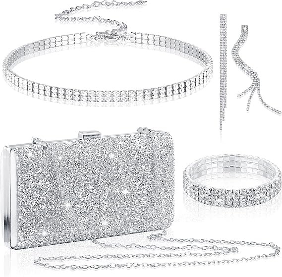 Kigeli 4 Pieces Women Rhinestone Evening Clutch Bag Bling Earring Necklace Bracelet for Wedding Graduation Prom