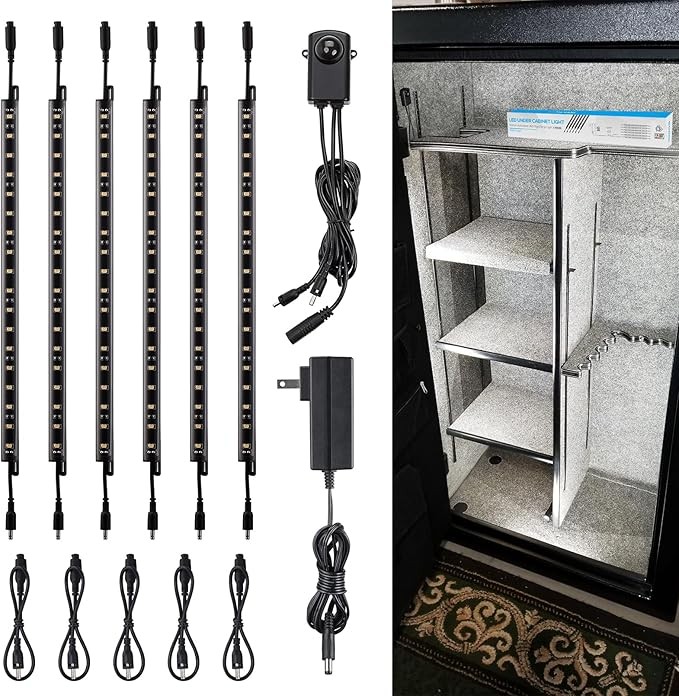 TORCHSTAR LED Safe Lighting Kit, (6) 12 Inch Linkable Light Bars + Motion Sensor + UL Power Adapter, 900LM, Input 100-240V, for Under Cabinet Gun Safe Locker Closet Showcase, 5000K Daylight
