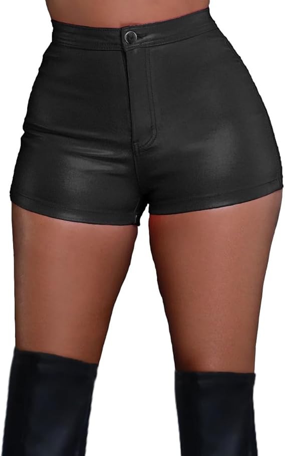 Women's Faux Leather Stretch Shorts High Waist Sexy Shorts Skinny Mini Hot Party Club Wear Outfit Black Small