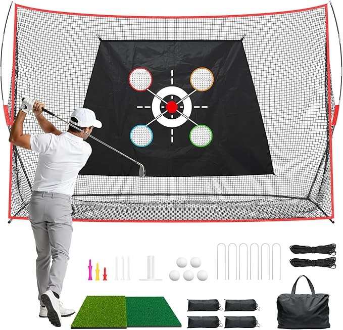 Golf Nets for Practice,10 x 7 FT Golf Hitting Net, Study Golf Chipping Net with Multi - Objective Target Cloth, Tri-Turf Mat and Another 20 accs, Easy to Set Up, Indoor/Outdoor Use, Garage/Yard Train