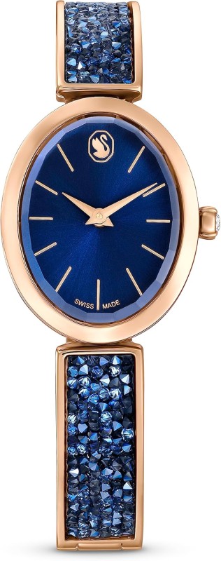 Swarovski Crystal Rock Oval Watch, Metal Bracelet, Blue, Rose Gold-Tone Finish, Swiss Made, Part of The Crystal Rock Watch