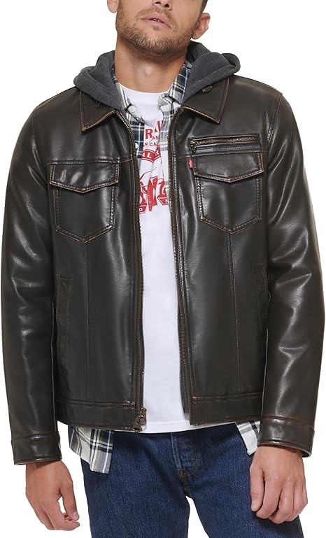Levi's Men's Faux Leather Hooded Trucker Jacket With Sherpa Lining (Regular & Big & Tall Sizes)