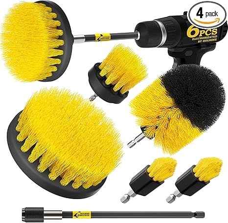 Holikme 6Pack Drill Brush Power Scrubber Cleaning Brush Extended Long Attachment Set All Purpose Drill Scrub Brushes Kit for Grout, Floor, Tub, Bathroom and Kitchen Surface,Scratch Brushes（Yellow）