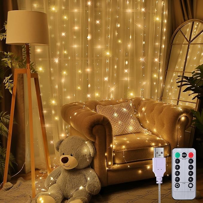 Meonum Curtain Tapestry Backdrop String Lights, Each 13 Strings 6.6 x 5 ft Tapestry Fairy String Light, 8 Modes Window Wall Hanging Light Strings for Bedroom Christmas Curtain Decor(1 Pack)