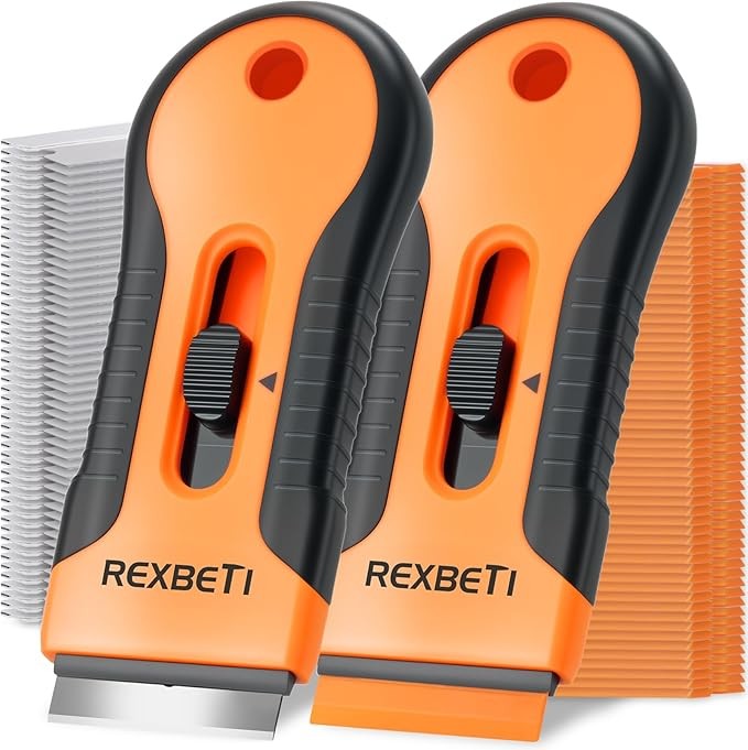 REXBETI Razor Blade Scraper Tool, 2 Pack Razor Scraper with Extra 314Pcs Razor Blades -14Pcs Metal and 300Pcs Plastic Blades, Cleaning Scraper Tool, Cooktop, Paint, Glass Scraper