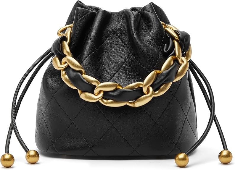 DORIS&JACKY Small Top Handle Bucket Bag, Designer Lambskin Drawstring Crossbody Purse with Chunky Chain Tote Strap