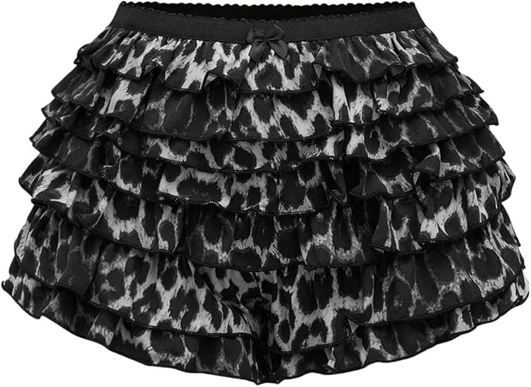 SOLY HUX Women's Y2k Leopard Print Mini Shorts Layered Ruffle Hem Low Waisted Shorts