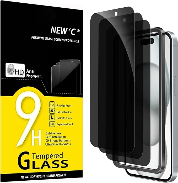 NEW'C 3 Pack Privacy for iPhone 16, iPhone 15 Screen Protector (6.1 inches), Anti-Spy Tempered Glass Film,Enhanced 28-Degree Privacy Angle with easy installation tool included