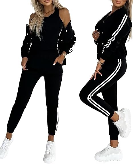 CHICME Women's Three Piece Outfits Striped Tape Patch Tank Tops Bomber Jacket with Sporty Pants Tracksuit Lounge Sets