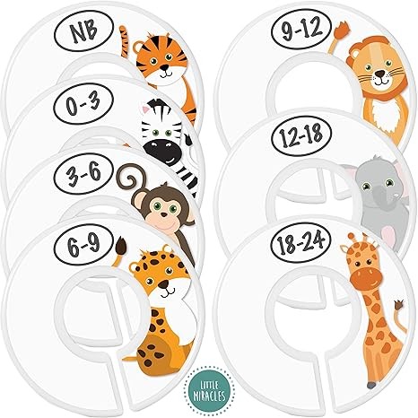 Baby Closet Size Dividers - 7X Safari Nursery Closet Dividers for Baby Clothes - Elephant Giraffe Zebra Lion Monkey Cheetah Nursery Decor - Baby Closet Dividers for Boy or Girl - [Safari] [White]