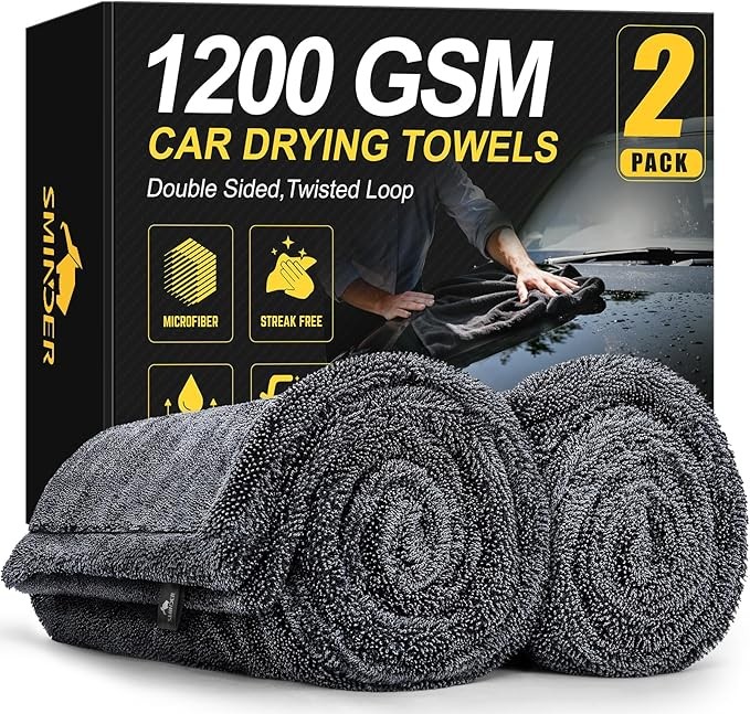 Click to see full view      2+  7 VIDEOS 2-Pack 1200 GSM Car Drying Towels – Microfiber Towels for Cars (36" x 24"), Ultra-Absorbent, Streak-Free, Scratch-Free, No Water Spots, Double-Twist Pile & Edg