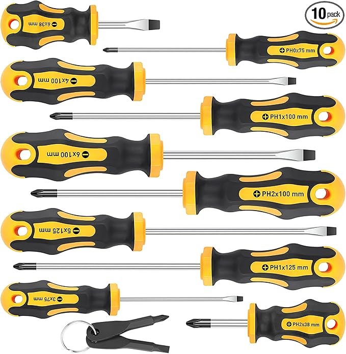 Amartisan 10-Piece Magnetic Screwdrivers Set, 5 Phillips and 5 Slotted Tips Professional Cushion Grip Screwdriver Set 2pcs Portable Multifunction Key Mini Screwdriver (Yellow)