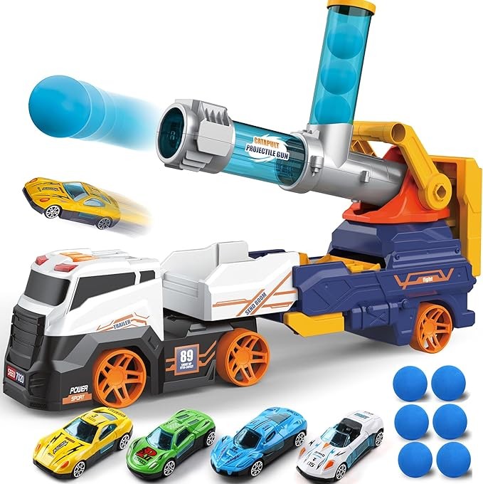 Dwi Dowellin Truck Toys for Kids, 28" Large Car Toys Include 4 Race Cars+6 Soft Foam Balls, with Light & Sounds, Eejection&Shooting Transport Trucks Toy, Gifts for Boys Girls 3 4 5 6 7 8+ Year Old