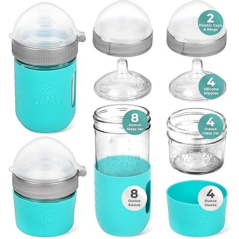 Mason Bottle Baby Glass Bottle Gift Set – Includes 8oz & 4oz Feeding Bottles, Slow & Medium Flow Nipples, Silicone Sleeves, Caps and Rings – BPA-Free, Non-Toxic, Anti-Colic
