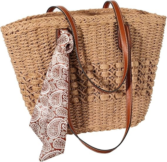 Trifabricy Beach Bags for Women, Summer Straw Bag, Woven Straw Beach Tote Bag Shoulder Handbags