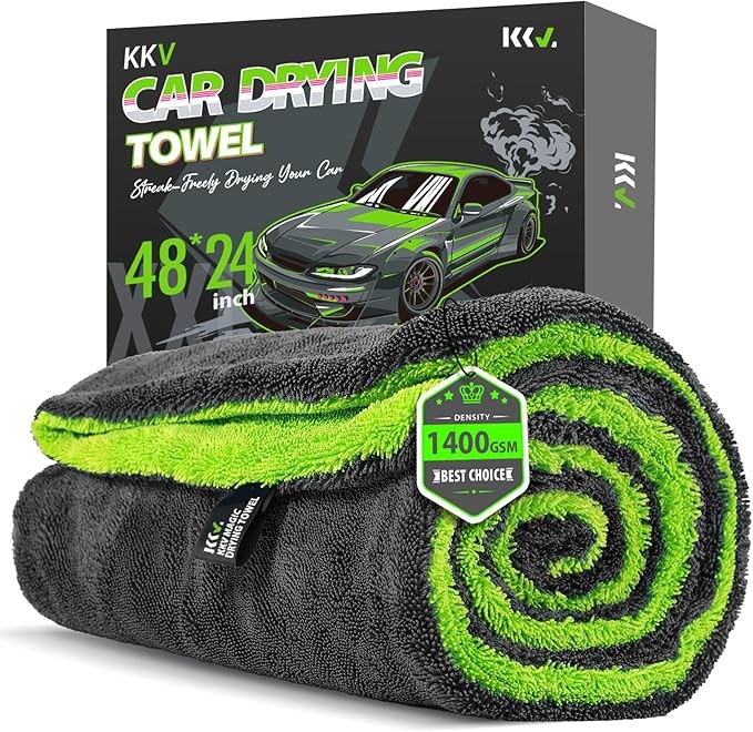 KKV Full-Sized SUV Drying Towel, 48”x24” Dual Sided Microfiber Car Cleaning Towel with Twisting Yarn Technique, 1400GSM Super Absorbent, Scratch-Free, Machine Washable (Darkgray-GreenYellow)