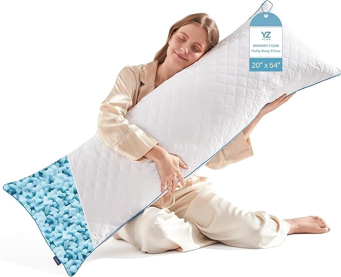 YZ HOME Long Body Pillow for Adults - Firm Body Pillow Insert with Shredded White Memory Foam, Adjustable Height, Soft Support for Side Sleeping, Pregnant Women, Washable (White, 20x54 Inch)