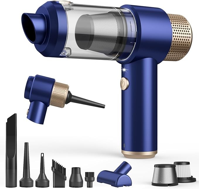 Car Vacuum Cleaner, 16000PA Mini Car Vacuum Cordless Powerful, 7 in 1 Portable Handheld Vacuum Cordless with LED Light, Dual Filters, One-Touch Empty for Pet Hair, Home, Office