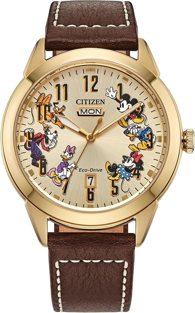 Citizen Men's Eco-Drive Disney Mickey Mouse & Friends, Gold Tone Stainless Steel Watch, Brown Leather Strap, 3 Hand, (Model: AW0093-04W)