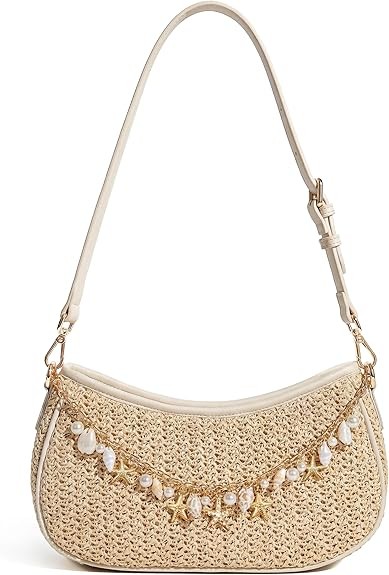 Visit the CHUNLI Store CHUNLI Straw Shoulder Bag for Women, Boho Woven Raffia Hobo Purse with Charm Chain, Adjustable Strap Summer Beach Vacation