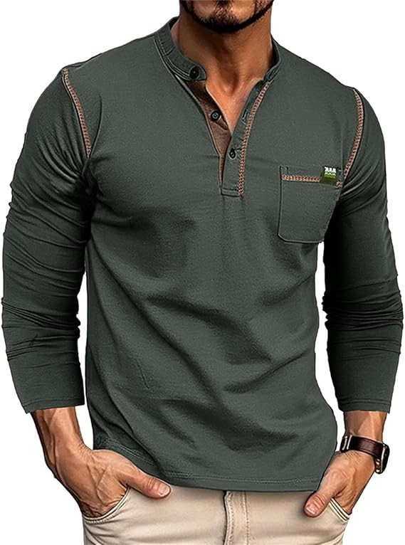 Mens Casual Henley Shirts Short/Long Sleeve Button Classic Tees Tops Fashion Lightweight Stylish T-Shirts with Pocket