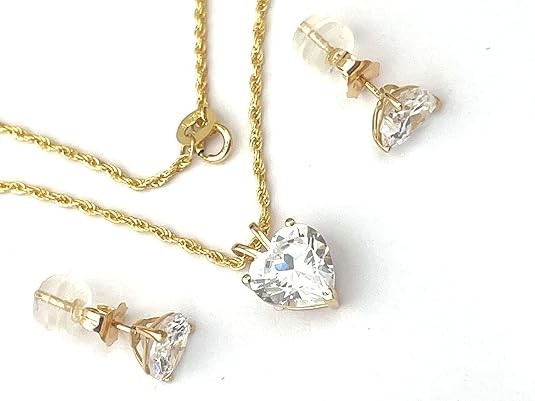Exquisite SOLID 18k Yellow Gold Diamond Earrings and Necklace SET for women 3.5 carat Diamond Jewelry Love Heart Shaped Pendant Necklace Rope 18" Stud Diamond Heart Stud Earrings HANDMADE Jewellery