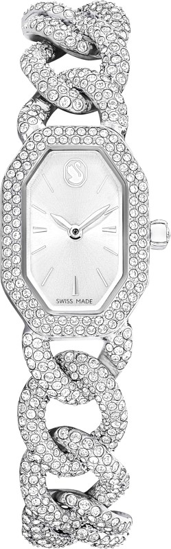 Dextera Chain & Crystal Watch, Interlocking Stainless Steel with Pave Crystal Bracelet Band, Octagon Shaped Oval Face with Embellished Crystals, Swiss Made, Part of the Dextera Watch Collection