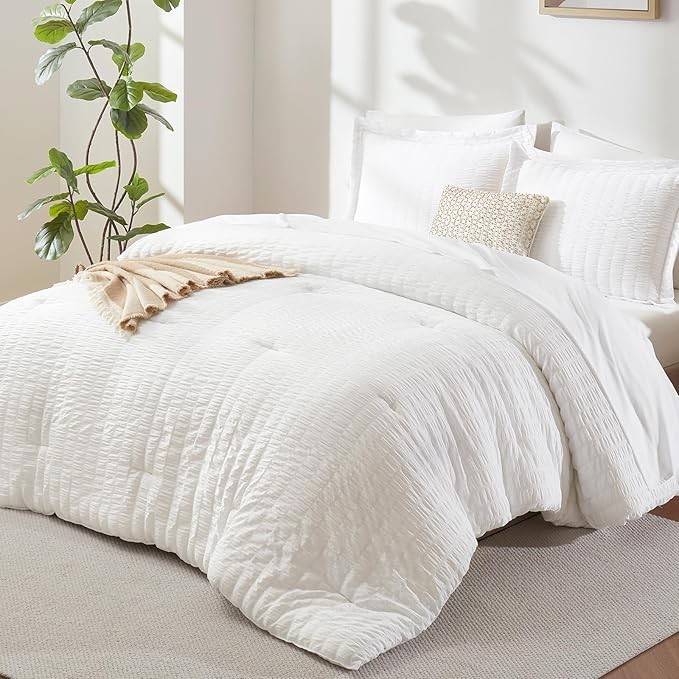 CozyLux Oversized King Comforter Set White Seersucker 7 Pieces 120x98 Bed in a Bag Comforter Set with Sheets, Luxury Soft Bedding Sets with Down Alternative Comforter, Sheets, Pillowcases & Shams