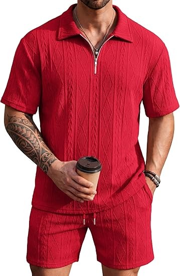 COOFANDY Men's 2 Piece Set Summer Beach Vacation Outfits Quarter Zip Polo Shirt and Shorts Sets