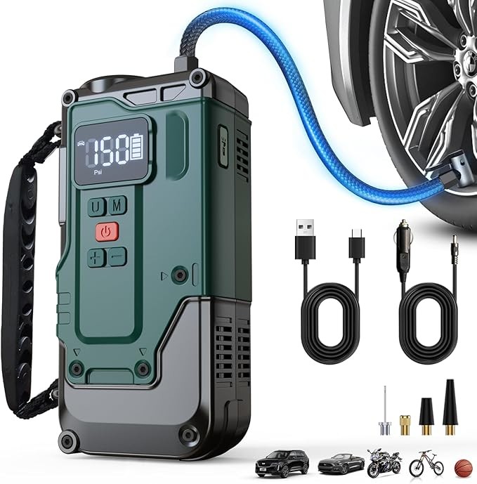 Cordless Tire Inflator Portable Air Compressor - 8000mAh & 12V DC Dual Power, 8X Faster, 150 PSI Air Pump for Car Tires, Bicycle, Motorcycle, Ball, with Pressure Gauge, LED Light, Auto Shut-Off