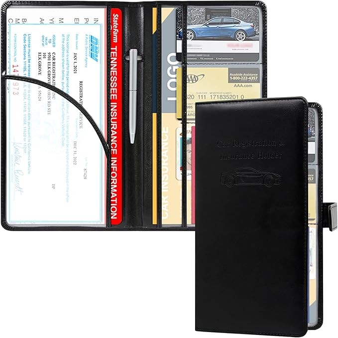 RSAquar Car Registration and Insurance Holder, Leather Car Glove Box Organizer, Cool Car Accessories for ID, Driver's License Cards & Essential Document, Men&Women, Black