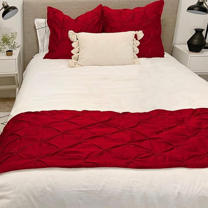 KBC linen 100% Cotton 800 Thread Count Pinch Pleated, Easy Care Decorative Bed Scarf Solid, 1 Piece Pinch Pleated Bed Runner, Queen (88"X20") Red Solid