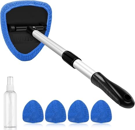 Click to see full view AstroAI Windshield Cleaner Tool, Car Interior Window Detailing Cleaning Kit with Extendable Handle and 4 Easy-to-Install Reusable Microfiber Pads, Auto Glass Wiper Brush Kit for