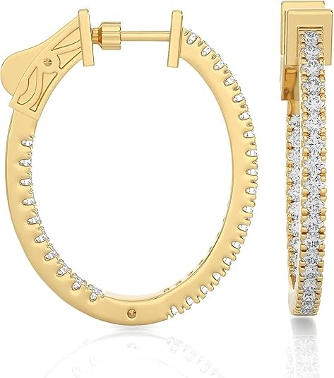 PRIVOSA Real Diamond Hoop Earrings for Women - Solid 14k Gold - 1/2 to 1 Carat Natural Diamonds - Inside Out Oval Hoops - Big Hoop Earrings - Jewelry Gifts for Her