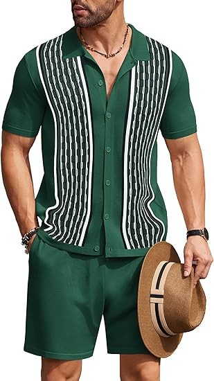COOFANDY Men's 2 Piece Outfit Vintage Short Sleeve Button Down Knit Polo Shirts Casual Beach Shorts Sets